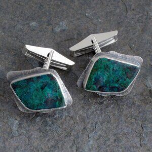 Artisan Made Sterling Silver 925 and Chrysocolla Cuff Links w/Swivel Back